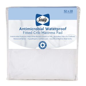 Sealy Baby Antimicrobial Fitted Waterproof Baby Crib Mattress Protector, Crib Mattress Topper, Crib Mattress Pad, Toddler Bed Mattress Protector, Machine Washable/Dryer Friendly, 52” x 28”- White